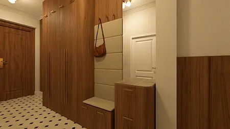 Przedpokój w stylu vintage z drewnianą zabudową i siedziskiem.