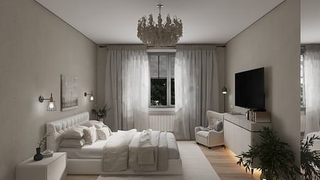 Wnętrze sypialni z białym łóżkiem, szarymi zasłonami i nowoczesnym oświetleniem.