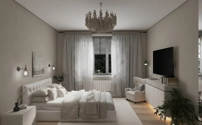 Wnętrze sypialni z białym łóżkiem, szarymi zasłonami i nowoczesnym oświetleniem.