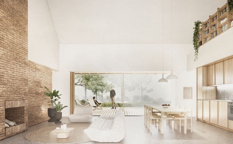 Wnętrze z minimalistycznym designem, skandynawskimi akcentami i naturalnym oświetleniem.