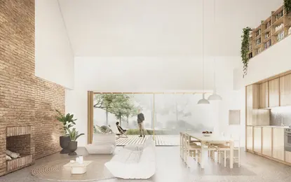 Wnętrze z minimalistycznym designem, skandynawskimi akcentami i naturalnym oświetleniem.