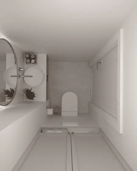 Nowoczesna łazienka w stylu quiet luxury z białymi umywalkami i szarymi płytkami.
