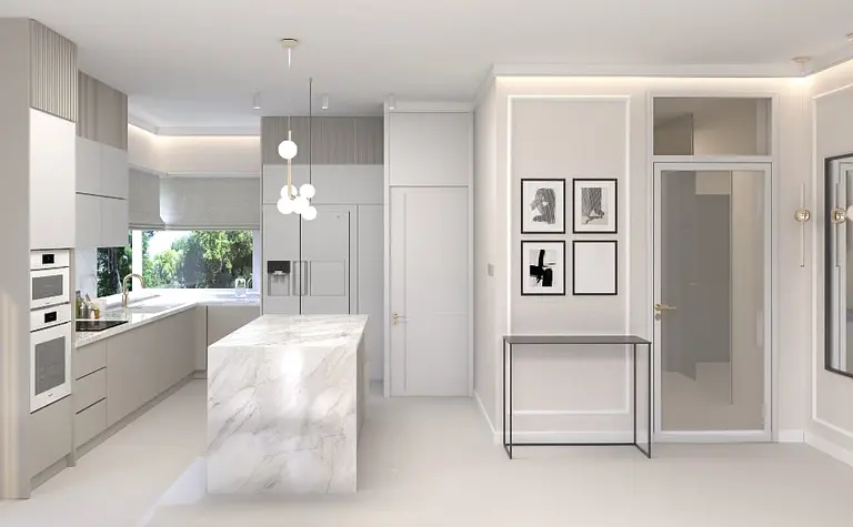 Wnętrze kuchni z białymi meblami, marmurowym blatem w stylu glamour, minimalistycznym i nowoczesnym.