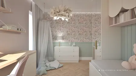 Pokój dziecięcy w stylu boho i japandi z kwiecistą tapetą i białymi meblami.