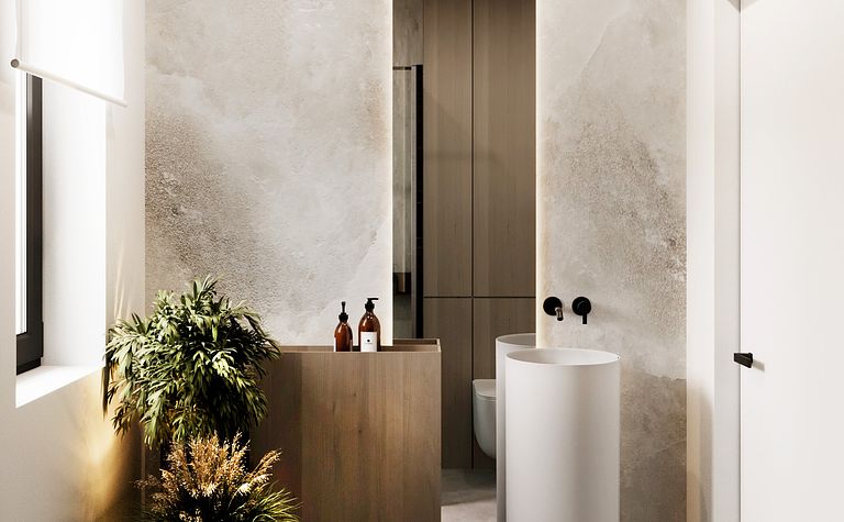 Nowoczesna łazienka z białymi umywalkami, drewnianymi detalami i roślinami, minimalistyczny design.