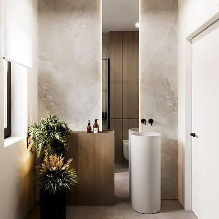 Nowoczesna łazienka z białymi umywalkami, drewnianymi detalami i roślinami, minimalistyczny design.