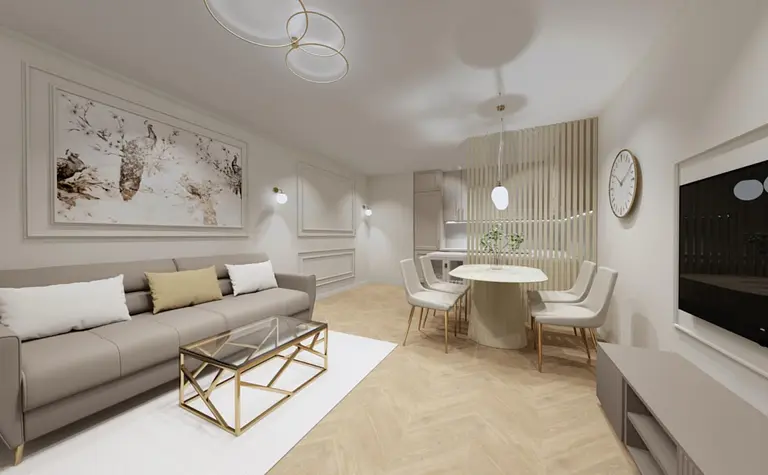 Wnętrze salonu z jasnymi meblami, drewnianym stołem i akcentami glamour.