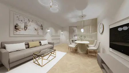 Wnętrze salonu z jasnymi meblami, drewnianym stołem i akcentami glamour.