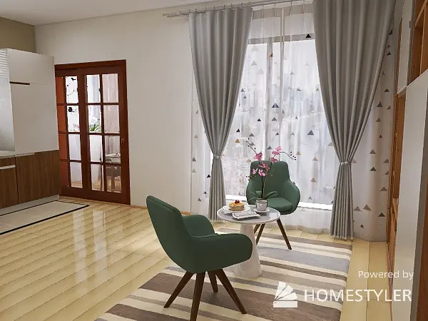 Wnętrze nowoczesnego salonu z zielonymi fotelami i drewnianym stołem.