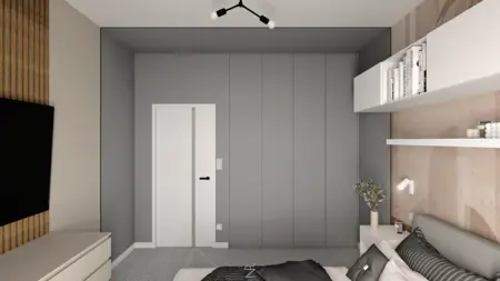 Wnętrze sypialni w stylu industrialnym, minimalistycznym i nowoczesnym z szarymi ścianami.