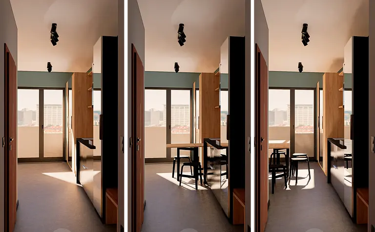 Nowoczesna kuchnia z drewnianymi meblami i minimalistycznym wystrojem.