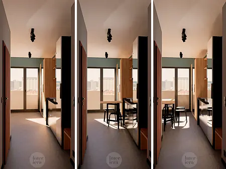 Nowoczesna kuchnia z drewnianymi meblami i minimalistycznym wystrojem.