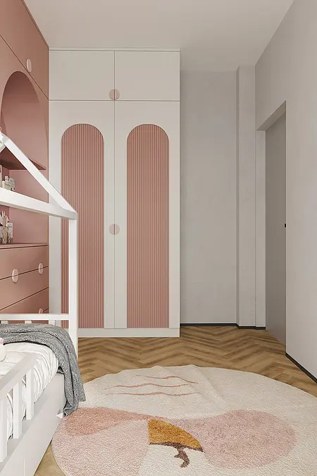 Pokój dziecięcy w stylu industrialnym, japandi i minimalistycznym z różowym łóżkiem i dywanem.