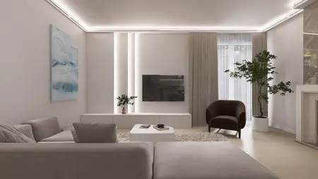 Wnętrze salonu w stylu japandi, nowoczesnym i współczesnym z telewizorem i rośliną.