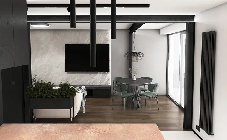 Nowoczesne wnętrze salonu z kuchnią, industrialny i minimalistyczny design.