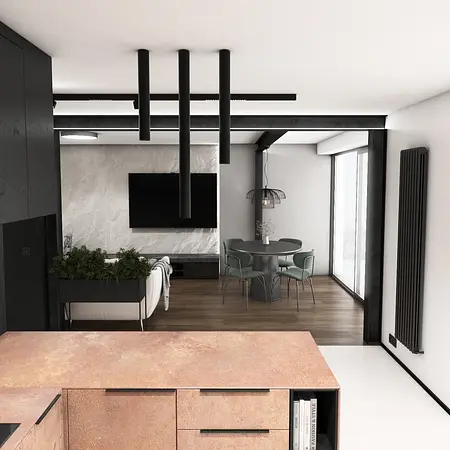Nowoczesne wnętrze salonu z kuchnią, industrialny i minimalistyczny design.
