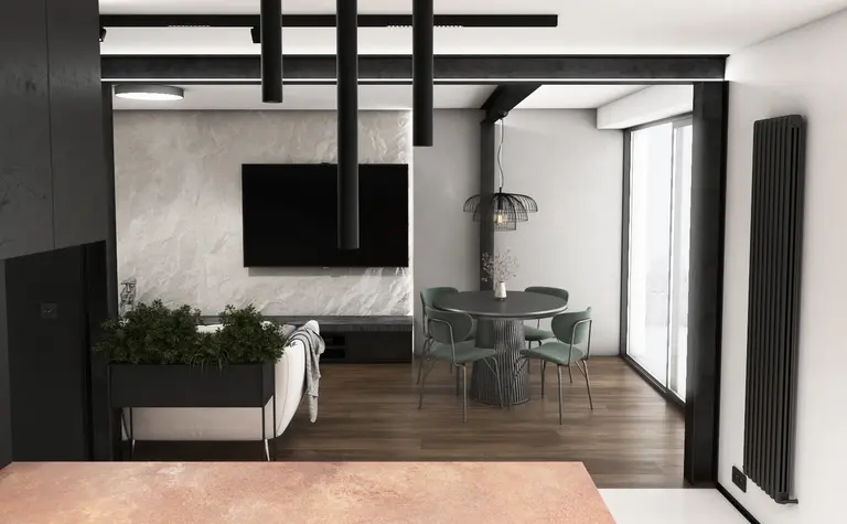 Nowoczesne wnętrze salonu z kuchnią, industrialny i minimalistyczny design.
