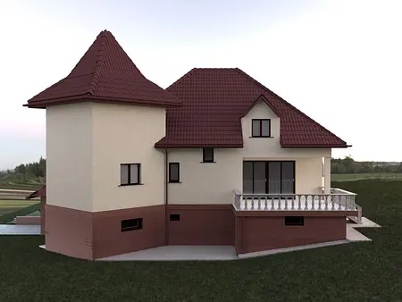 Widok na dom z tradycyjnym dachem i balkonem w otoczeniu zieleni.