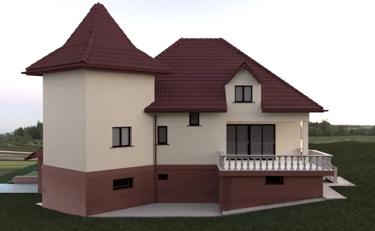 Widok na dom z tradycyjnym dachem i balkonem w otoczeniu zieleni.