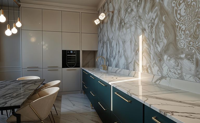 Wnętrze kuchni w stylu art deco i nowoczesnym z marmurowym blatem.