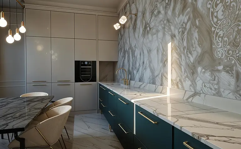 Wnętrze kuchni w stylu art deco i nowoczesnym z marmurowym blatem.
