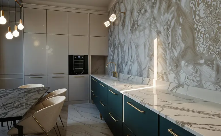 Wnętrze kuchni w stylu art deco i nowoczesnym z marmurowym blatem.