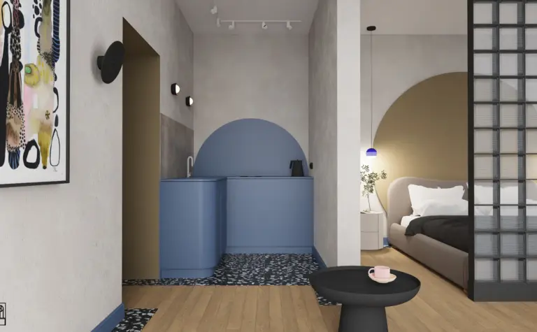 Wnętrze kuchni w stylu art deco z niebieskimi meblami i eklektycznymi akcentami.