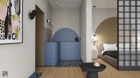 Wnętrze kuchni w stylu art deco z niebieskimi meblami i eklektycznymi akcentami.