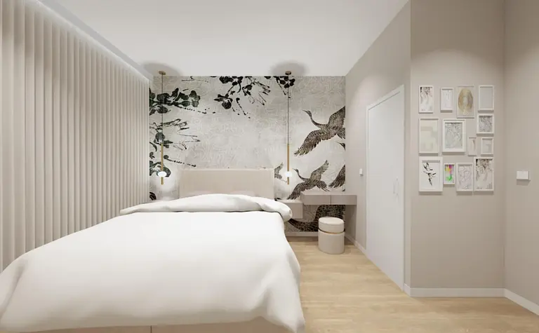Sypialnia z białym łóżkiem, muralem roślinnym i elementami boho, japandi, nowoczesnym i współczesnym.