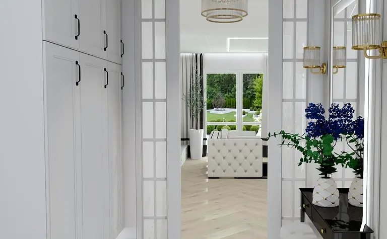 Przedpokój glamour z białymi szafami i czarną podłogą