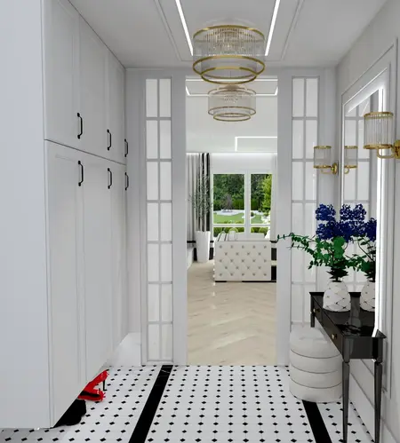 Przedpokój glamour z białymi szafami i czarną podłogą