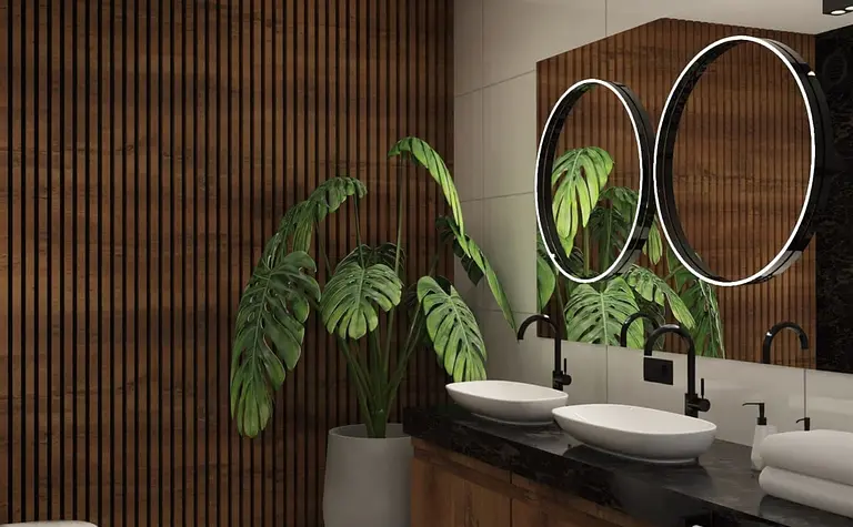 Wnętrze łazienki z drewnianymi elementami i art deco