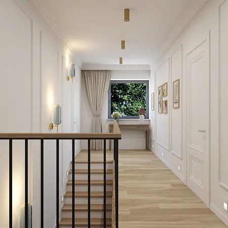 Wnętrze nowoczesnego przedpokoju z białymi ścianami, drewnianą podłogą i eleganckim oświetleniem.