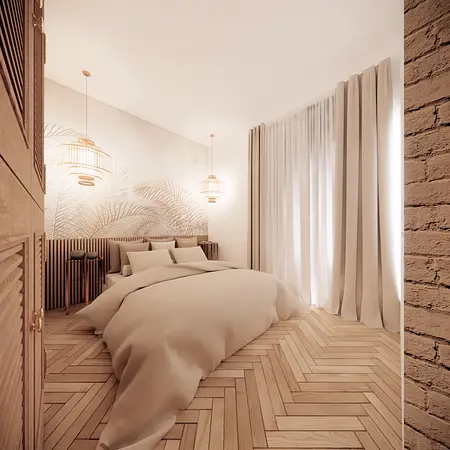 Wnętrze sypialni w stylu boho z beżowym łóżkiem i drewnianą podłogą.