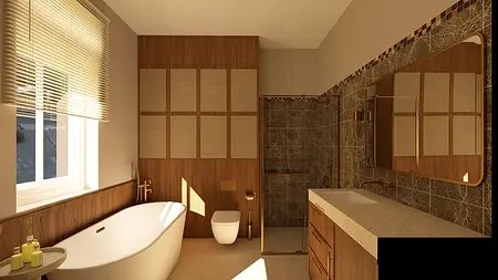 Wnętrze łazienki z wanną, drewnianymi elementami i nowoczesnym prysznicem, styl vintage.