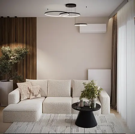 Wnętrze salonu w stylu eklektycznym i minimalistycznym z nowoczesnymi elementami.