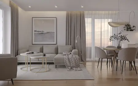 Wnętrze salonu w stylu quiet luxury z jasnymi meblami i drewnianą podłogą.