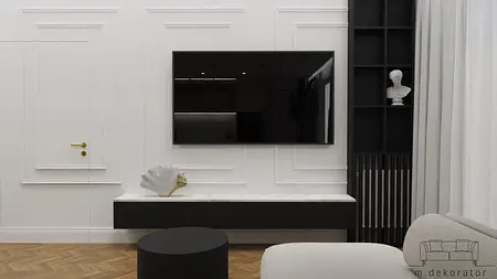 Wnętrze salonu glamour z telewizorem i czarnymi elementami dekoracyjnymi.