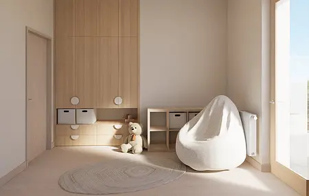 Pokój dziecięcy w stylu minimalistycznym z drewnianymi meblami, pluszowym misiem i oknem.
