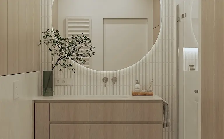 Wnętrze łazienki w stylu japandi i minimalistycznym z drewnianą szafką