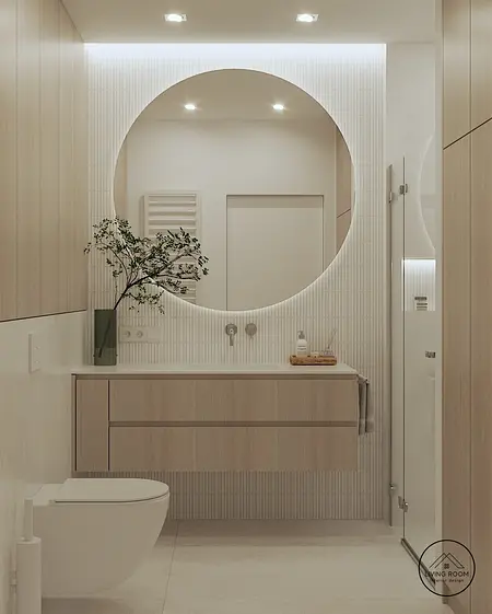 Wnętrze łazienki w stylu japandi i minimalistycznym z drewnianą szafką