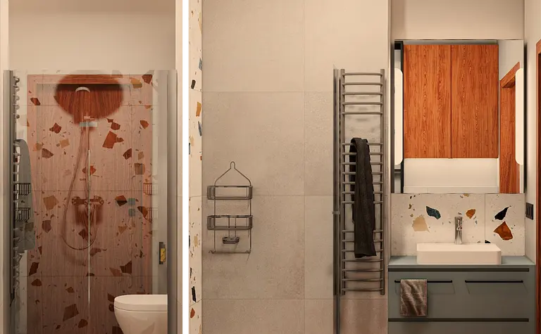 Nowoczesna łazienka z prysznicem, drewnianymi elementami i minimalistycznym wykończeniem.