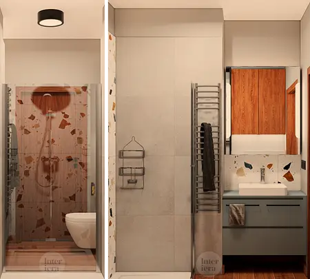 Nowoczesna łazienka z prysznicem, drewnianymi elementami i minimalistycznym wykończeniem.