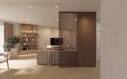 Salon w stylu japandi z drewnianymi meblami i roślinami.