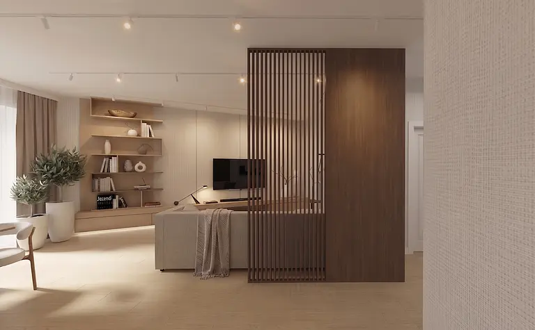 Salon w stylu japandi z drewnianymi meblami i roślinami.