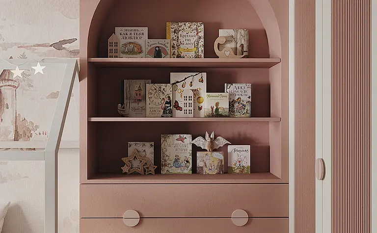 Pokój dziecięcy z różowym regałem i książkami, styl industrialny, japandi, minimalistyczny, nowoczesny.