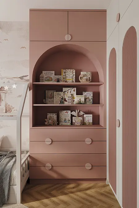 Pokój dziecięcy z różowym regałem i książkami, styl industrialny, japandi, minimalistyczny, nowoczesny.