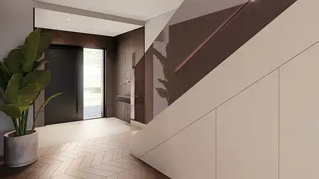 Przedpokój w stylu japandi i minimalistycznym z brązowymi elementami.