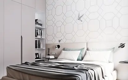 Wnętrze sypialni z nowoczesnym designem, soft minimalizmem i współczesnymi elementami.