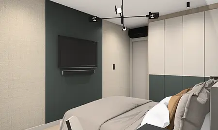 Nowoczesna sypialnia z szarymi ścianami i telewizorem, minimalistyczny design.